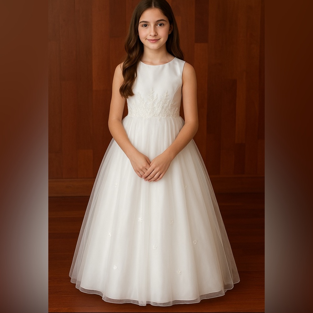 Santa Monica Girls 14 Flower Girl Dress White Formal Communion Beaded Bridal